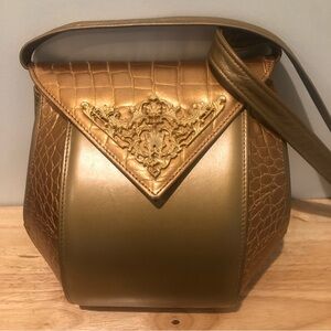 Vintage Paris Handbags Genuine Leather NY Croc Embossed Brass Crossbody Bag